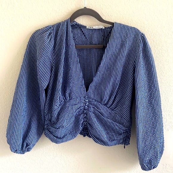 ZARA Gingham Scrunch Blouse - Picture 4 of 9